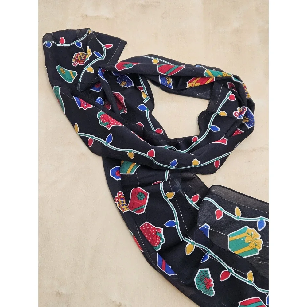 Christmas Scarf Black Sheer Lightweight Holiday Presents String Lights Wrap Vtg